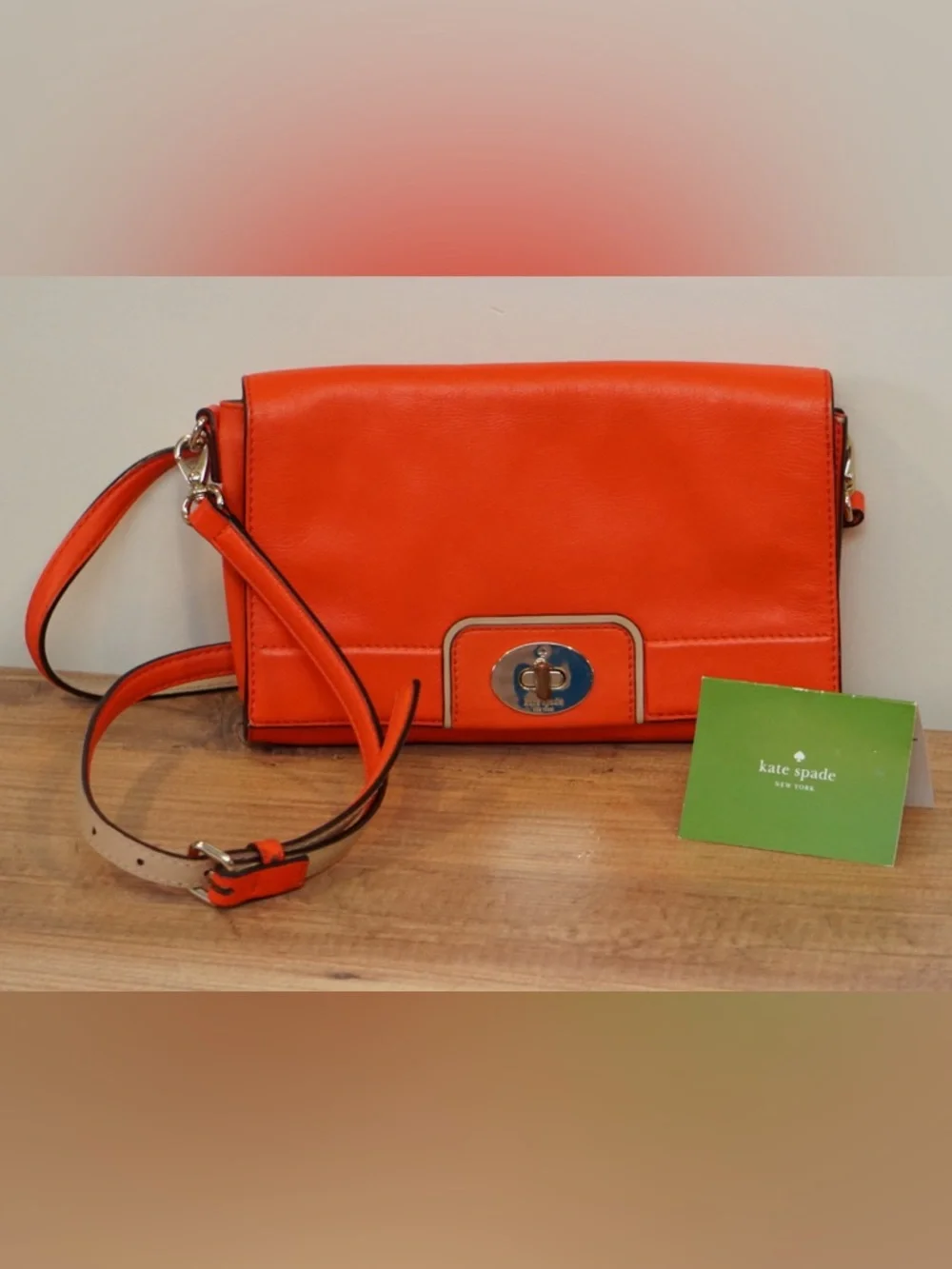 Kate Spade Orange Leather Turnlock Flap Crossbody Cream Trim silver Hardware - Picture 14 of 14